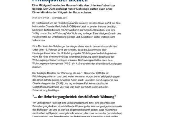 „Die Presse“ 20.09.2016 „Zell am See: Flüchtlinge dürfen in Privatquartier bleiben“