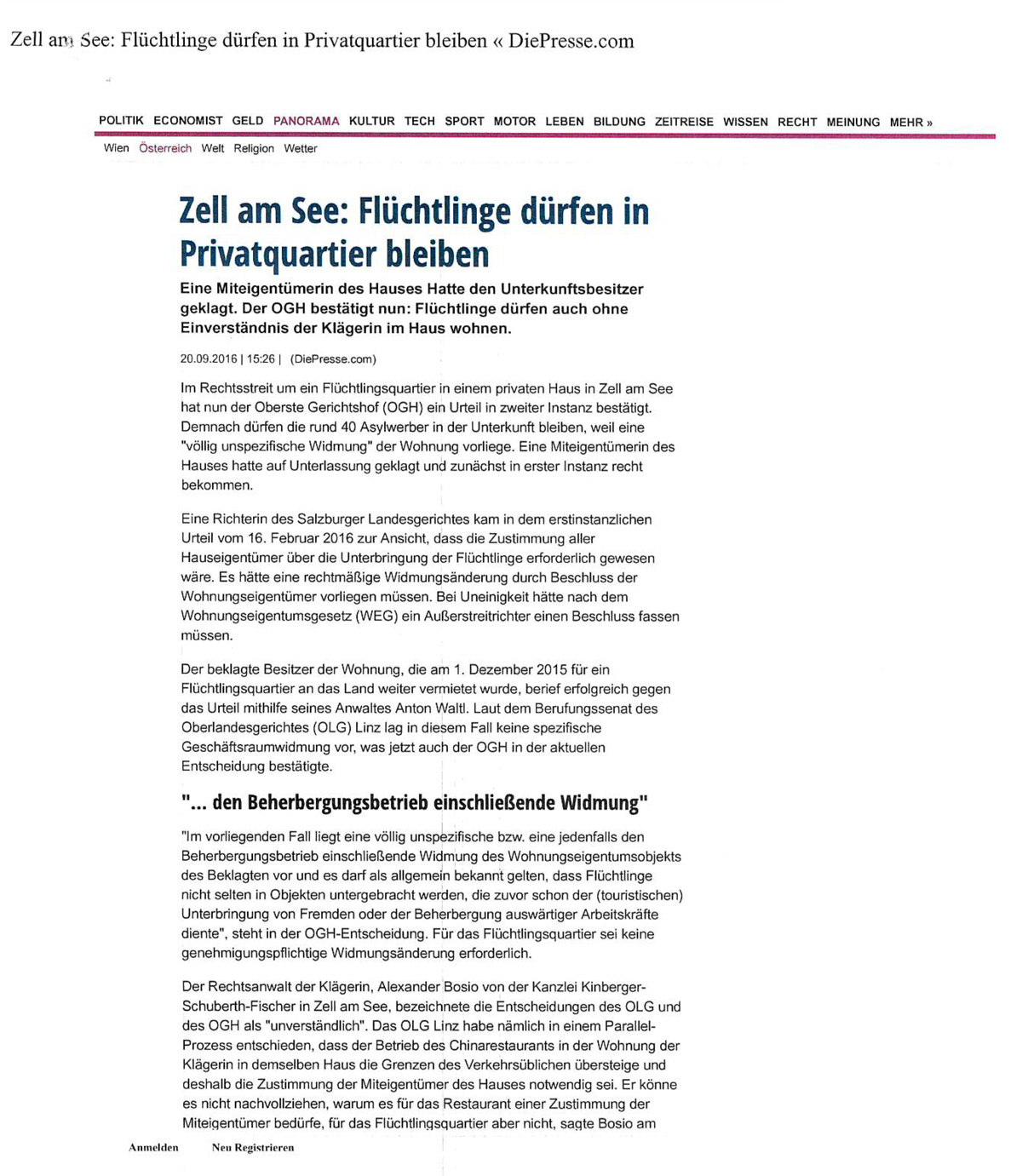 „Die Presse“ 20.09.2016 „Zell am See: Flüchtlinge dürfen in Privatquartier bleiben“