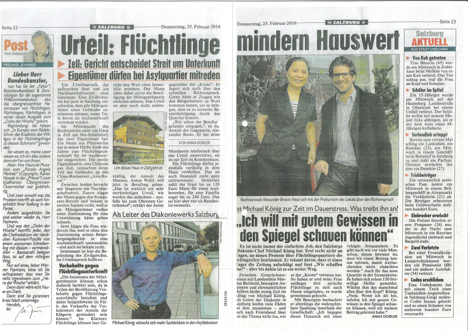 Kronen Zeitung 25.02.2016 „Urteil: Flüchtlinge mindern Hauswert“