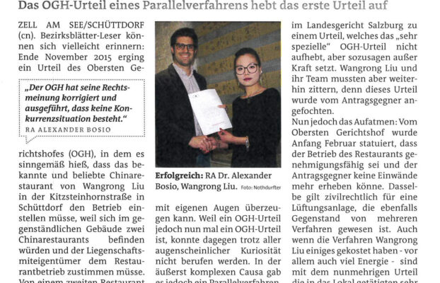 Bezirksblatt Pinzgau: 14.02.2017 „Chinarestaurant darf offen halten“