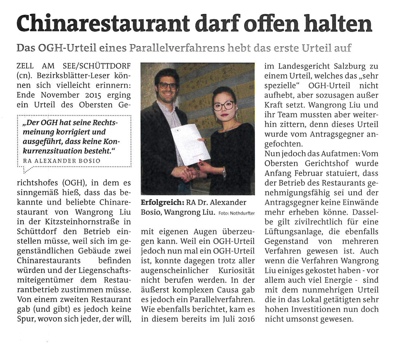 Bezirksblatt Pinzgau: 14.02.2017 „Chinarestaurant darf offen halten“