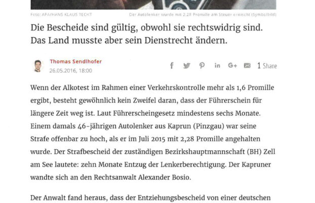 Kurier“ 26.07.2016 „Deutsche strafte unerlaubt Verkehrssünder